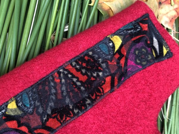Mitaines courtes 100% mérinos, laine bouillie rouge vif et jersey multicolore. – Image 2
